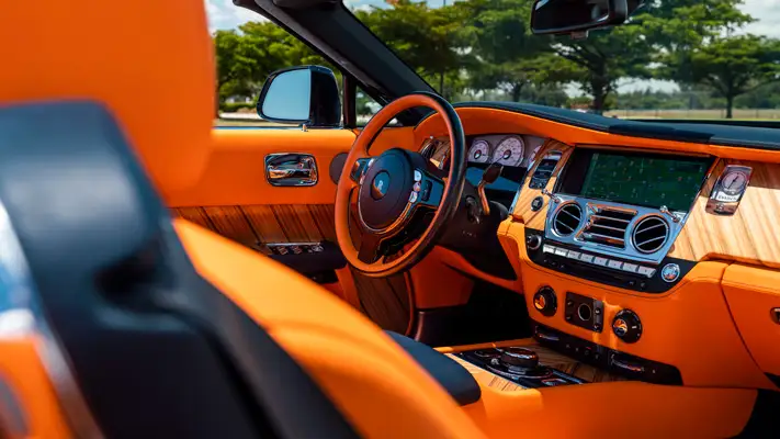 Blue Rolls Royce Dawn rental interior view mph club