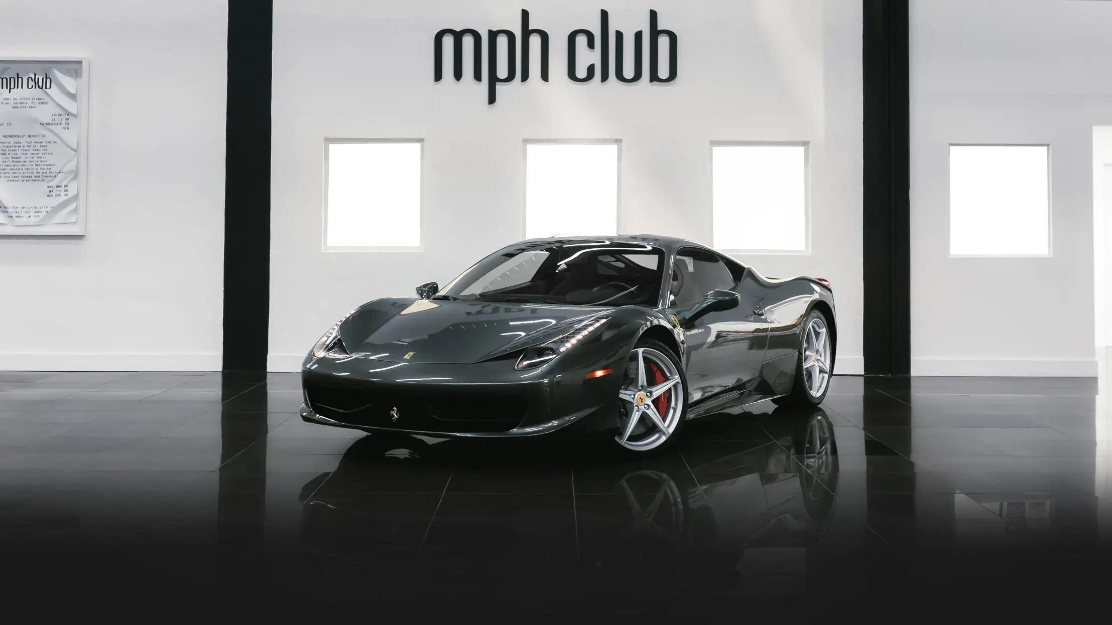 Grey Ferrari 458 Italia rental profile view mph club