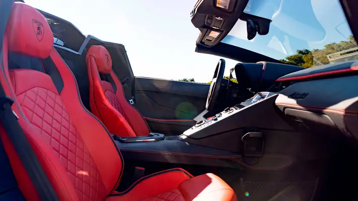 White Lamborghini Aventador S Roadster for rent Miami interior view mph club