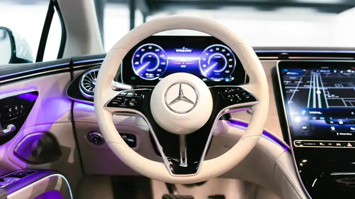 White on white Mercedes Benz EQS rental Miami dashboard view mph club