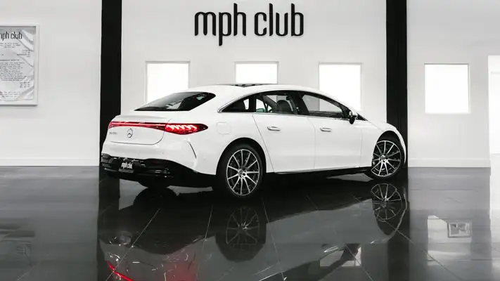 White on white Mercedes Benz EQS rental Miami rear view mph club