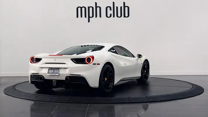 White Ferrari 488 GTB rental rear view mph club