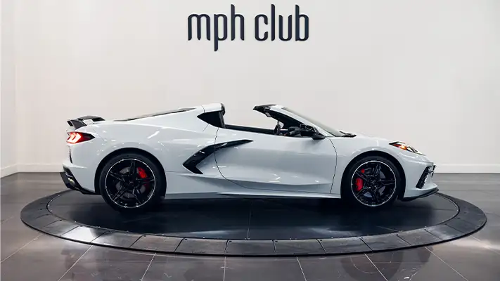 White Chevrolet Corvette C8 rental side view turntable - mph club