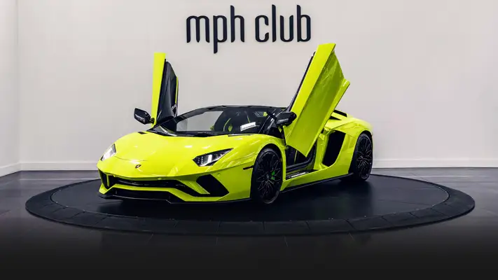 Yellow Lamborghini Aventador S Roadster rental profile view rszd - mph club
