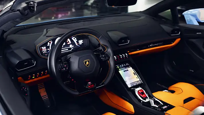 Blue with orange Lamborghini Huracan Evo Spider rental dashboard view turntable - mph club