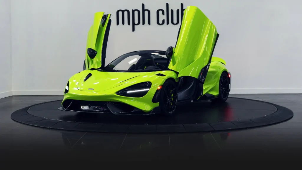 Green McLaren 765LT Spider rental profile view - mph club