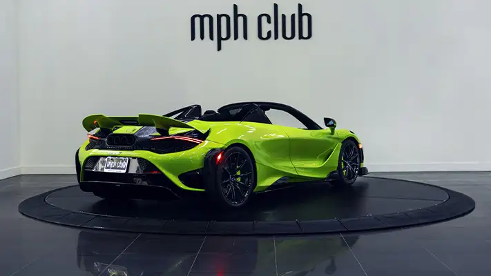 Green McLaren 765LT Spider rental rear view - mph club