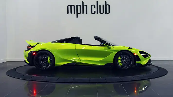 Green McLaren 765LT Spider rental side view - mph club
