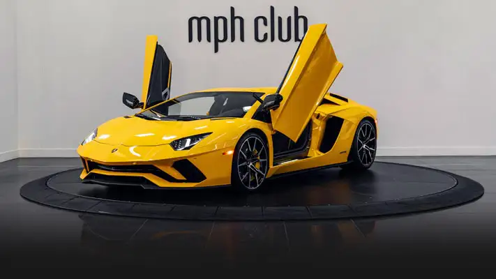 Yellow Lamborghini Aventador S rental profile view rszd - mph club