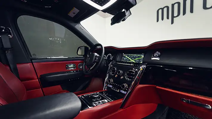 Black on red Rolls Royce Cullinan rental interior view - mph club
